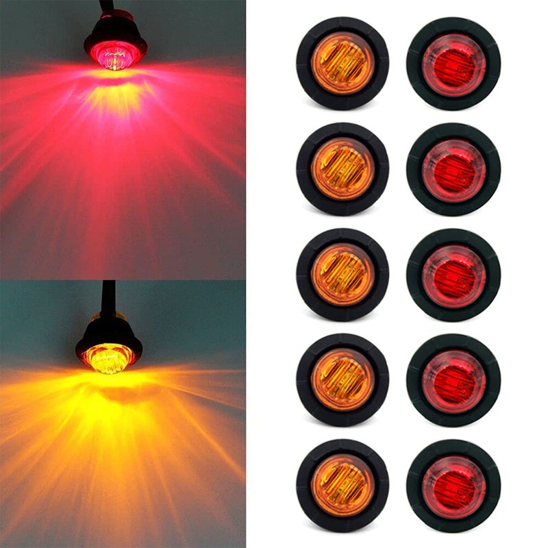 FXC 'Purishion 10x 3/4 in' Round LED Clearence Light Front Rear Side Marker Indicators Light for Truck Car Bus Trailer Van Caravan Boat, Taillight Brake Stop Lamp (12V, Red+Amber) - Image 1